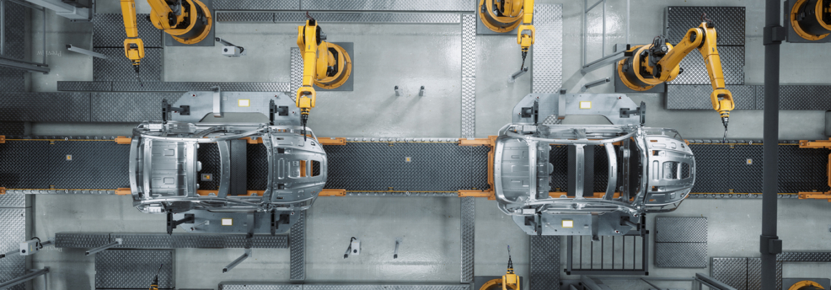 Aerial Car Factory 3D Concept: Automated Robot Arm Assembly Line Manufacturing Advanced High-Tech Green Energy Electric Vehicles. Construction, Building, Welding Industrial Production Conveyor